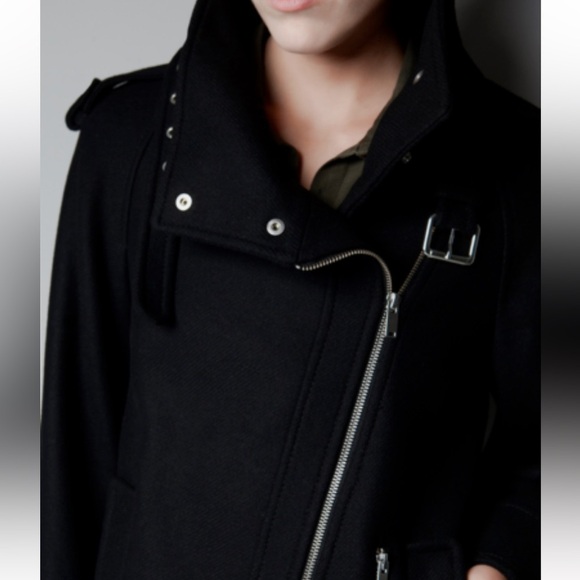 ZARA RARE BLACK COAT CAPE JACKET ASYMMETRICAL ZIP SIZE SMALL Peacoat Goth - Picture 5 of 13